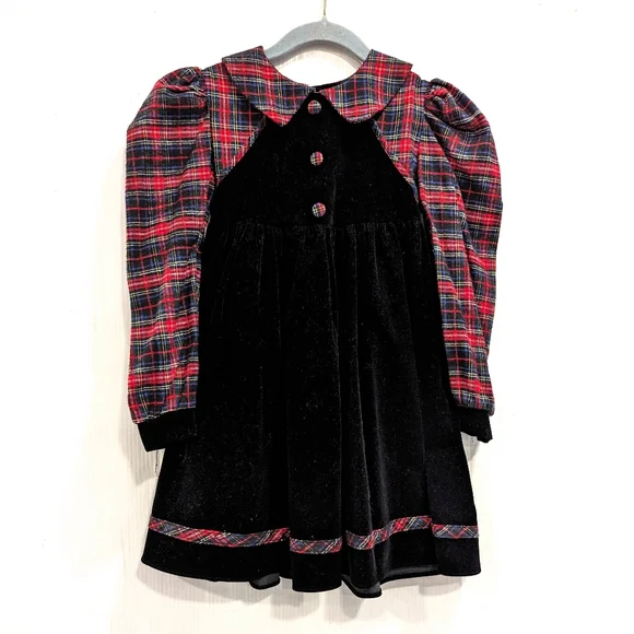 VINTAGE Jo Lene girls red plaid & black velvet holiday Christmas dress - Picture 1 of 11